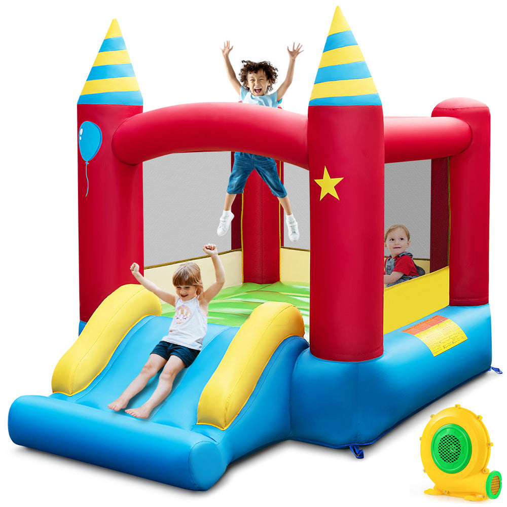 Inflatable kids bounce castle with slide, made of 420D oxford cloth, suitable for outdoor and indoor play.