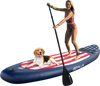 Inflatable paddle board with American flag design, featuring a removable fin and EVA foam pad for secure footing.