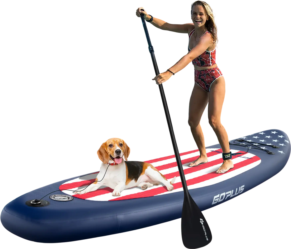 Inflatable paddle board with American flag design, featuring a removable fin and EVA foam pad for secure footing.