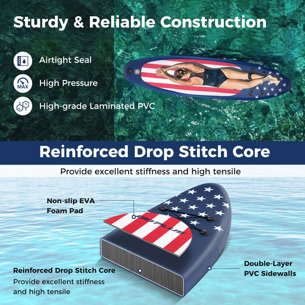 Inflatable paddle board with American flag design, reinforced drop stitch core, and EVA foam pad for secure footing.