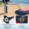 Inflatable paddle board with removable fin, pressure gauge hand pump, and striking flag pattern for easy transport and.