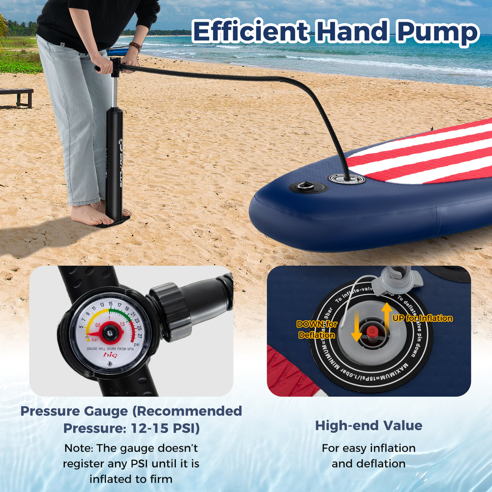 Inflatable paddle board with removable fin, pressure gauge hand pump, and striking flag pattern for easy transport and.