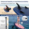 Inflatable paddle board with removable fin, adjustable aluminum paddle, and patriotic flag design for stable paddling.