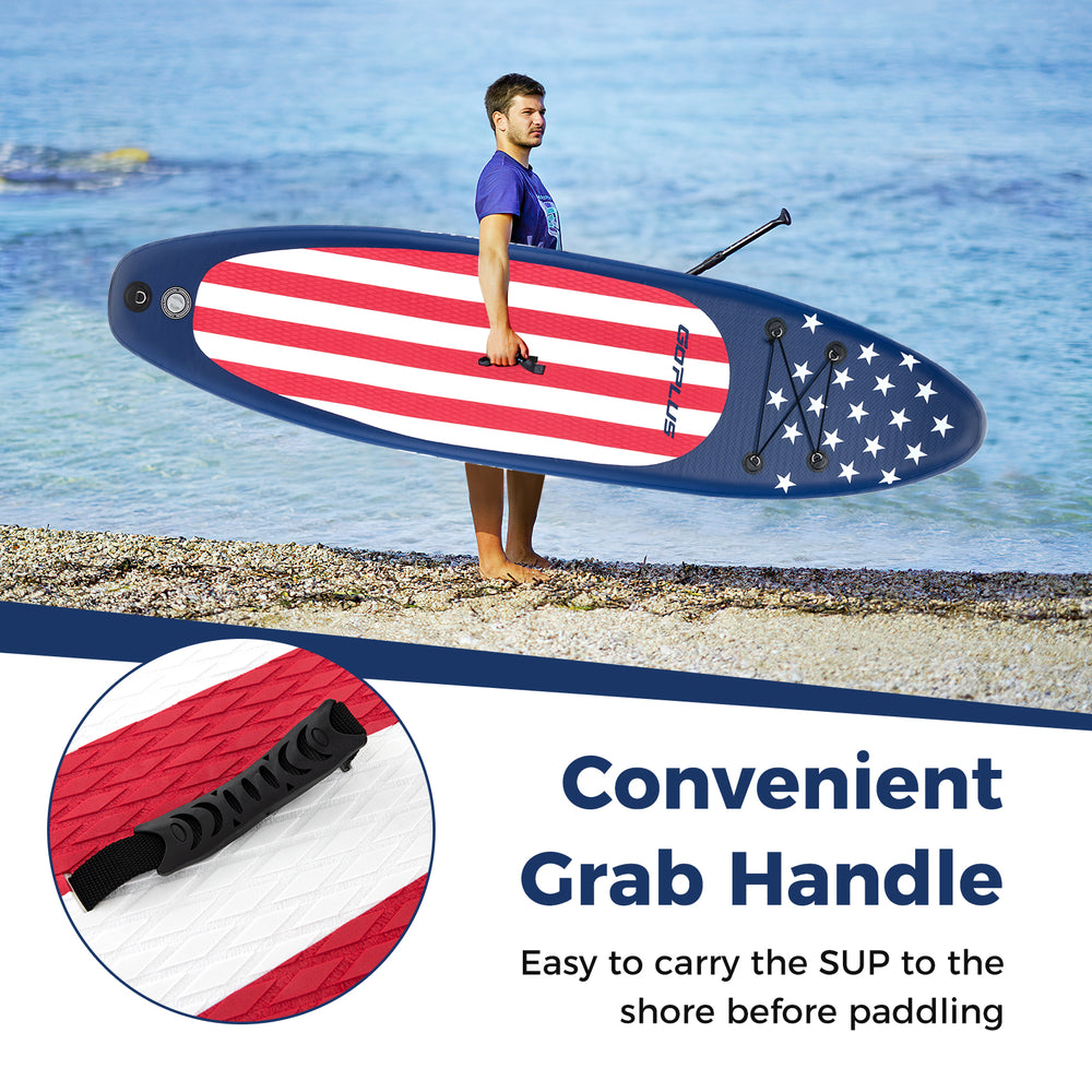 Inflatable paddle board with American flag design, featuring a convenient grab handle for easy transport to the shore.