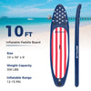10-foot inflatable paddle board with a flag pattern, reinforced core, and removable fin, perfect for all skill levels.