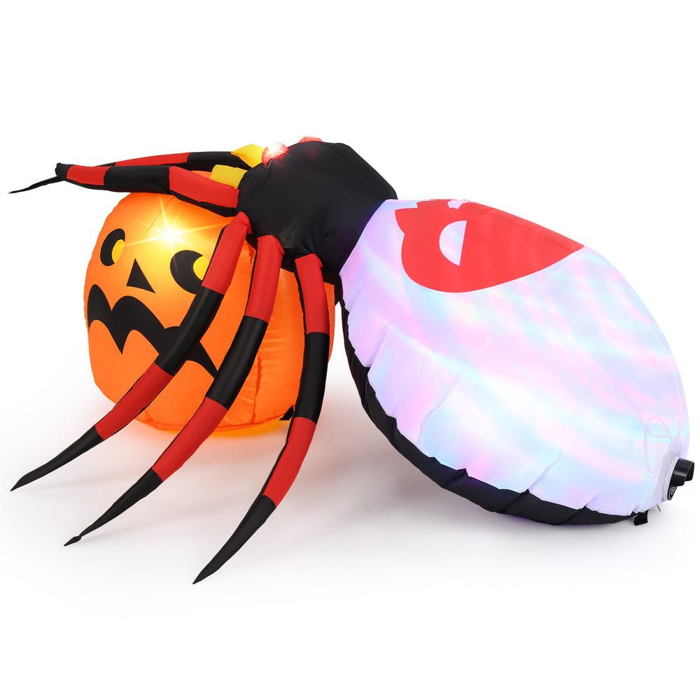 Inflatable spider on a pumpkin with colorful rotating light, perfect for Halloween backyard decoration.