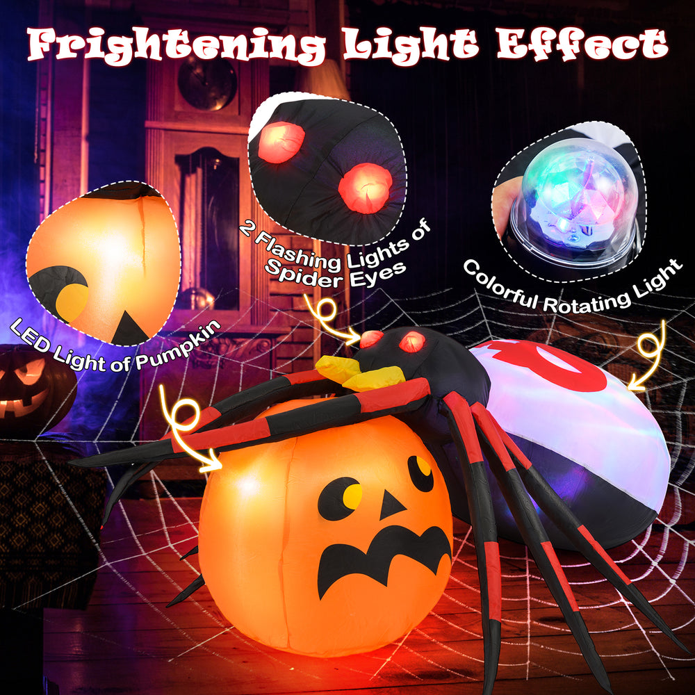 Inflatable spider on pumpkin with LED lights and colorful rotating light, ideal for Halloween backyard decoration.