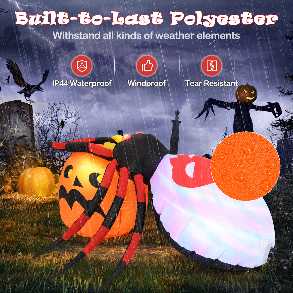 Inflatable spider with pumpkin, featuring colorful rotating lights, made of durable polyester for outdoor Halloween.