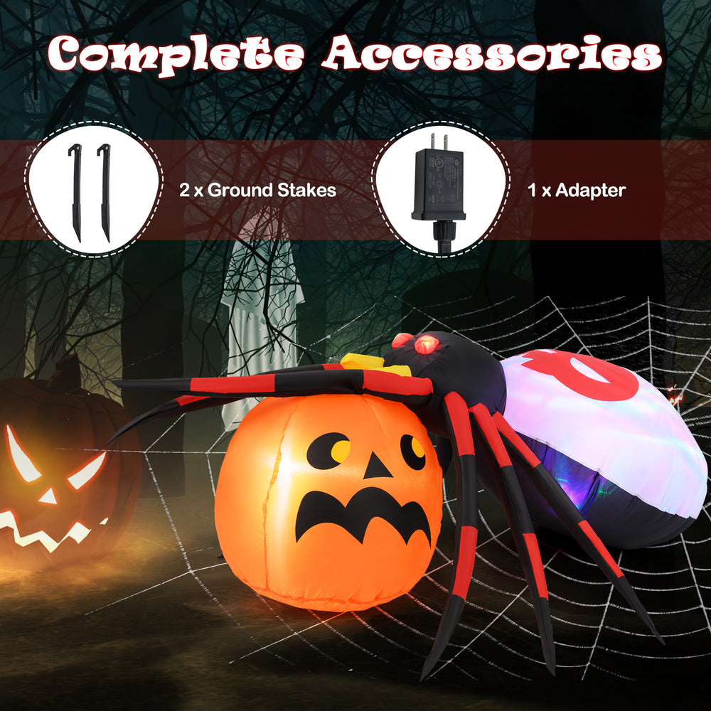 Inflatable spider on a pumpkin with colorful rotating lights, perfect for Halloween backyard decoration.