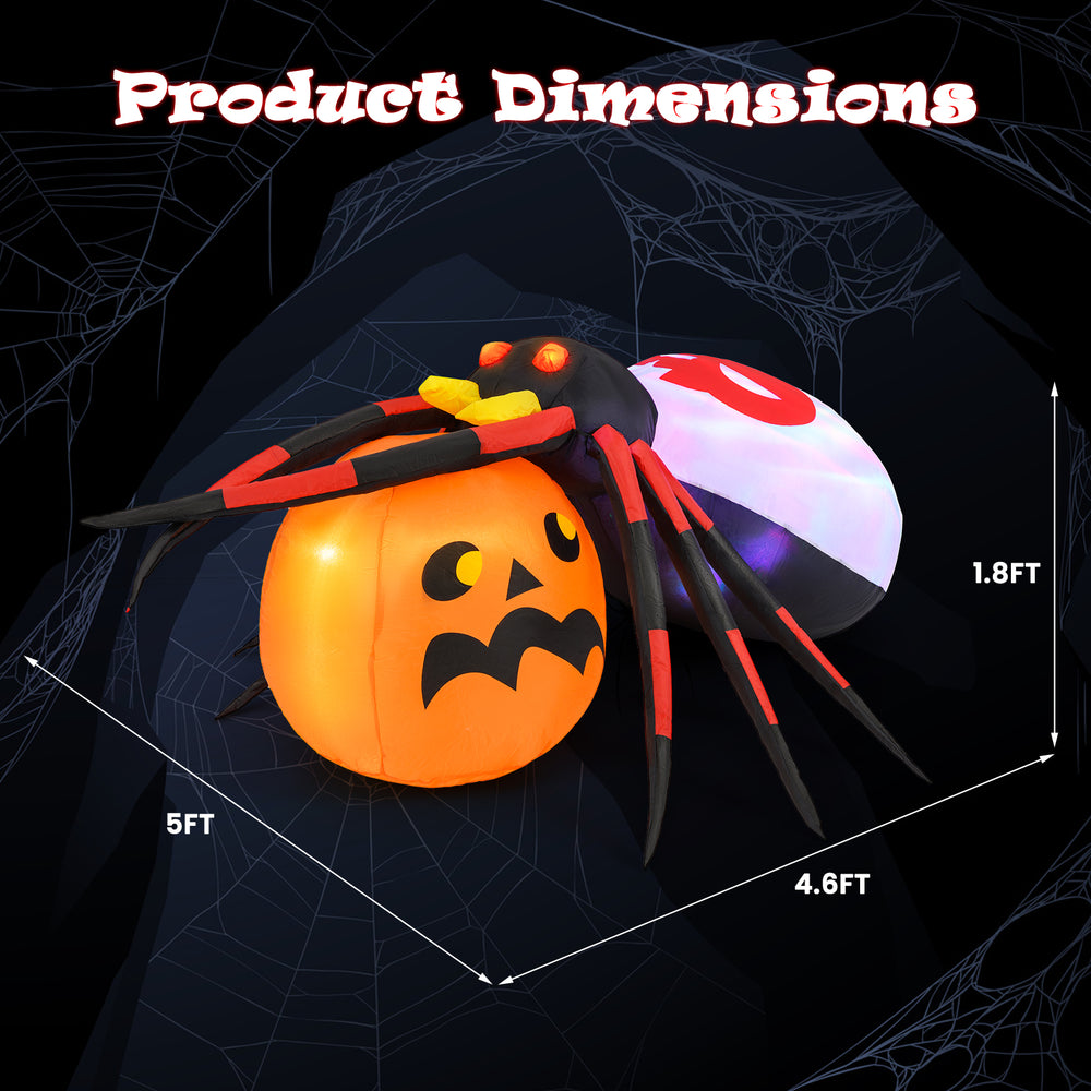 Inflatable spider on a pumpkin with colorful rotating lights, 4.9 x 4.6 feet, ideal for backyard Halloween decor.