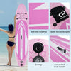 Inflatable stand-up paddle board in pink with anti-slip EVA pad, 3 fins, and convenient backpack for easy transport.