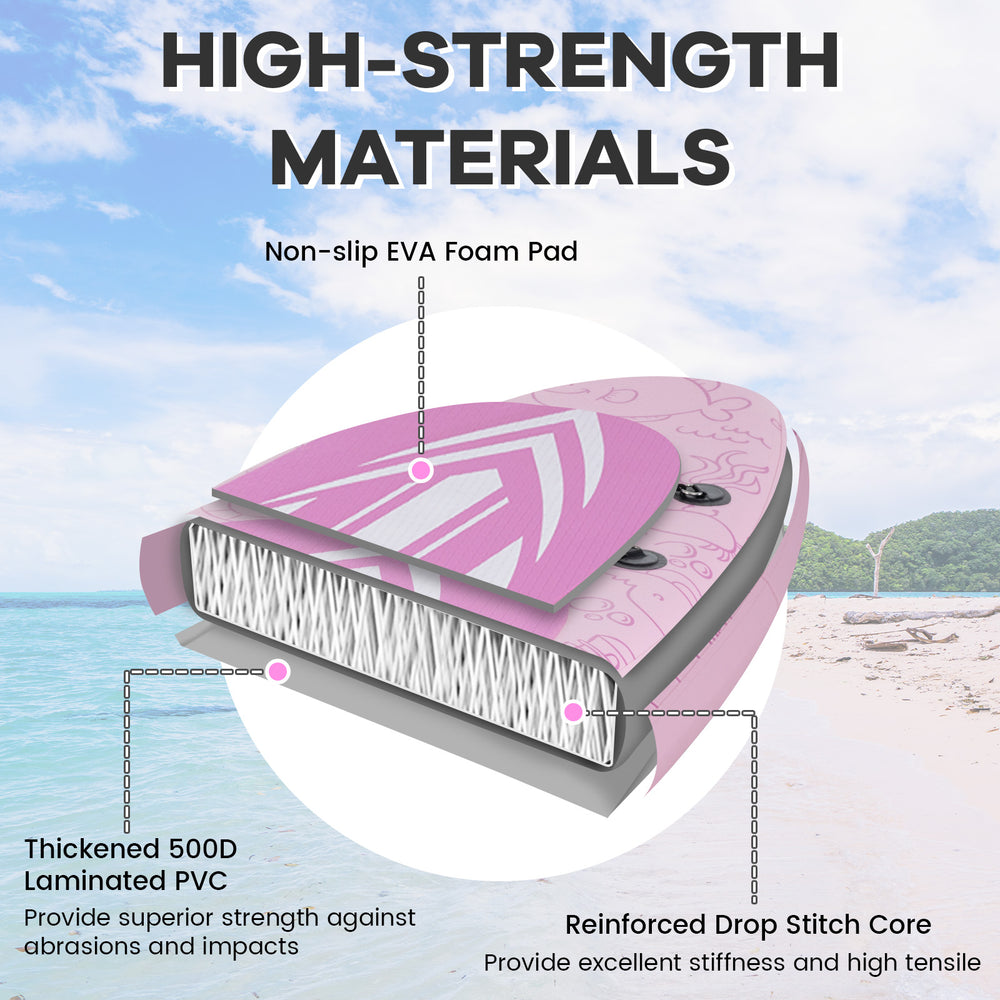 Close-up of the inflatable stand-up paddle board showing thickened 500D PVC and anti-slip EVA foam pad for stability.