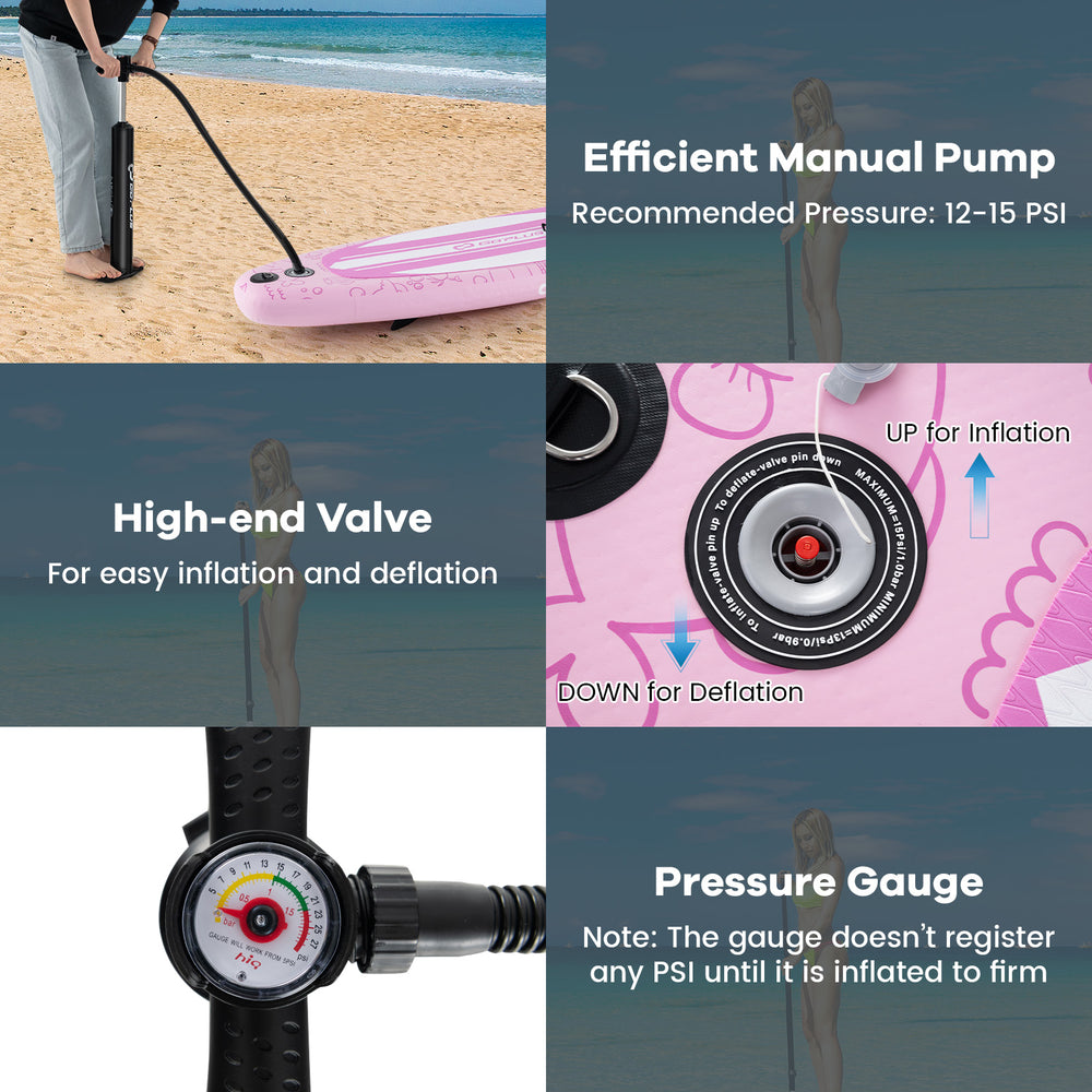 Manual pump with pressure gauge for the inflatable stand-up paddle board, ideal for easy inflation and deflation.