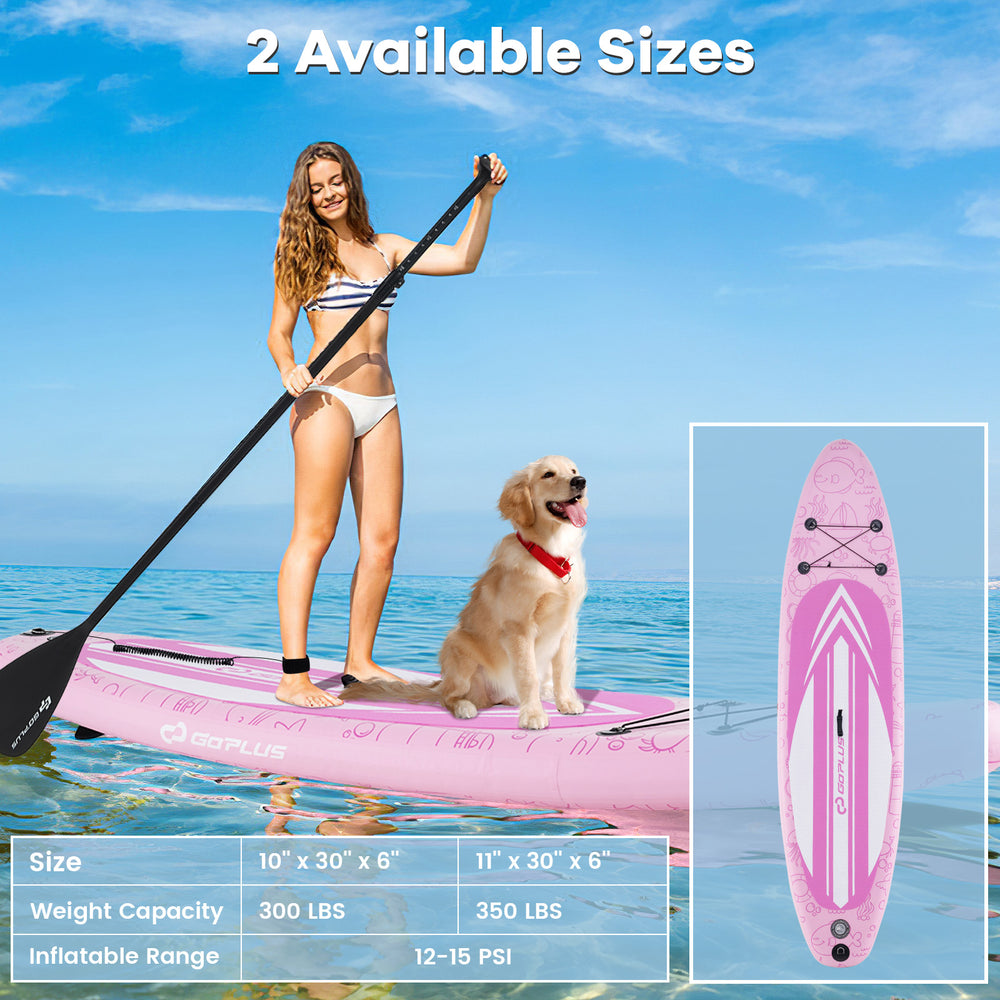 Inflatable stand-up paddle board in pink with anti-slip EVA pad, 3 fins, and backpack for easy transport and storage.