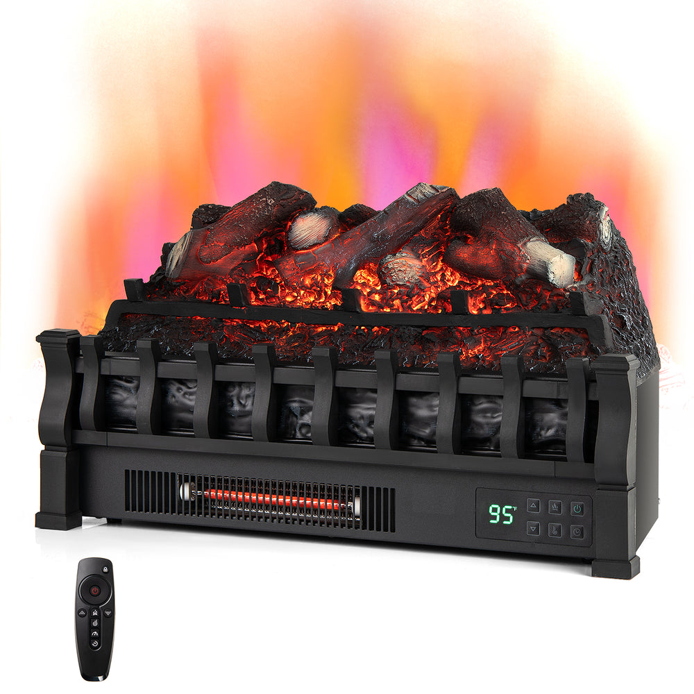 Infrared quartz electric fireplace in black with adjustable 3D flame colors and remote control for cozy ambiance.
