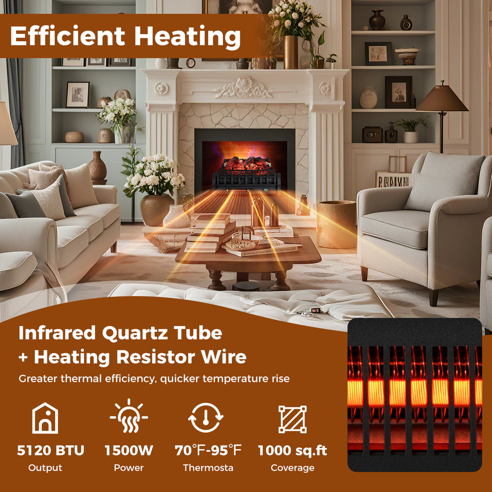 Infrared quartz electric fireplace in black with adjustable 3D flame colors, efficient heating for up to 1000 sq.ft.