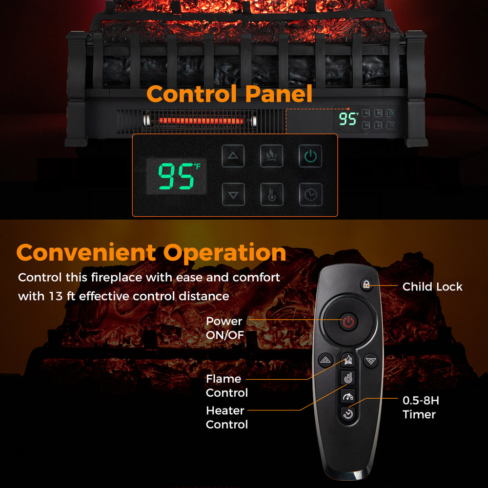 Control panel and remote of the Infrared Quartz Electric Fireplace with adjustable flame colors and overheat protection.