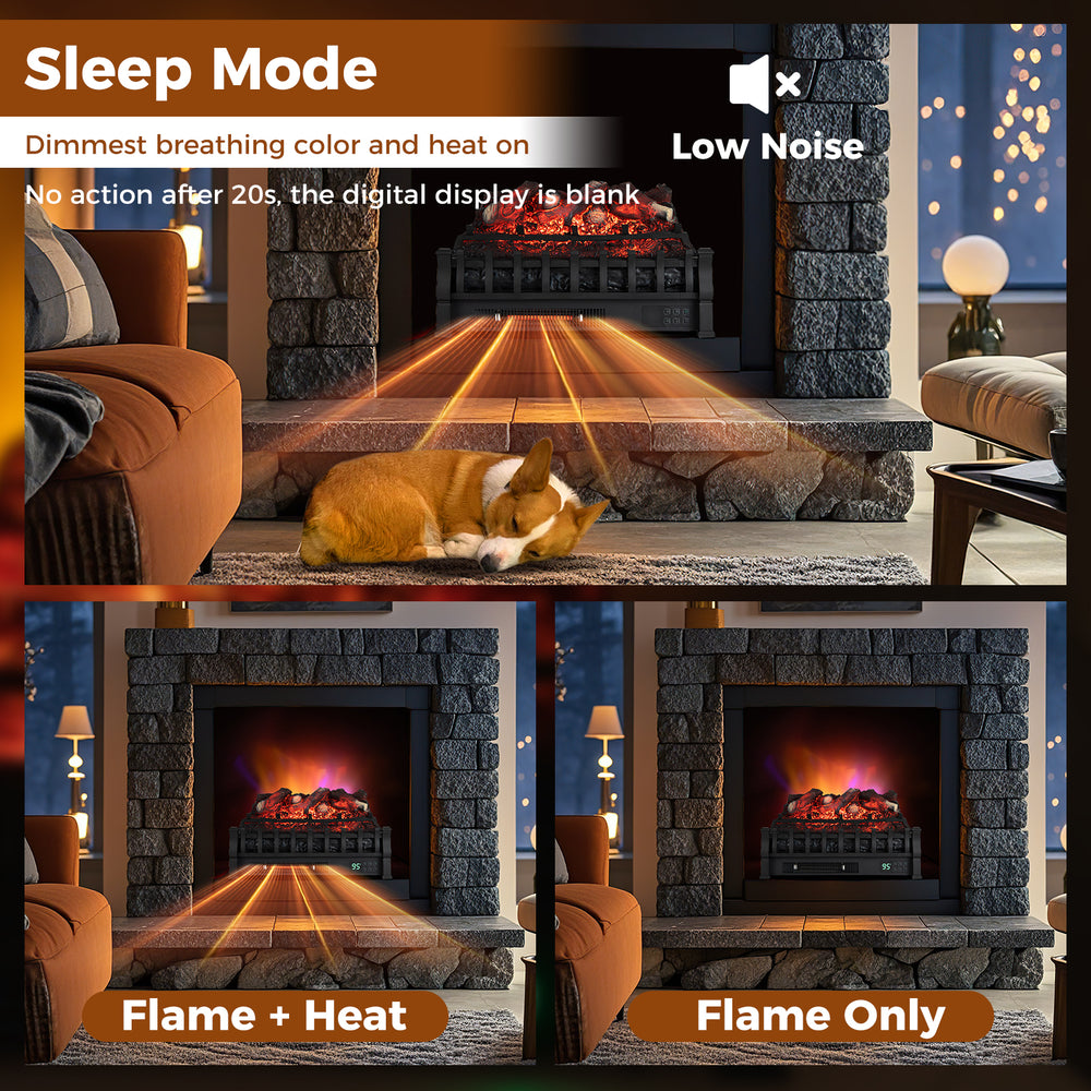 Infrared Quartz Electric Fireplace in black showcasing 3D flame colors, remote control, and overheat protection for.