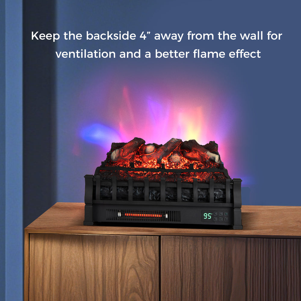 Infrared quartz electric fireplace with adjustable 3D flame colors, showcasing realistic logs and remote control.