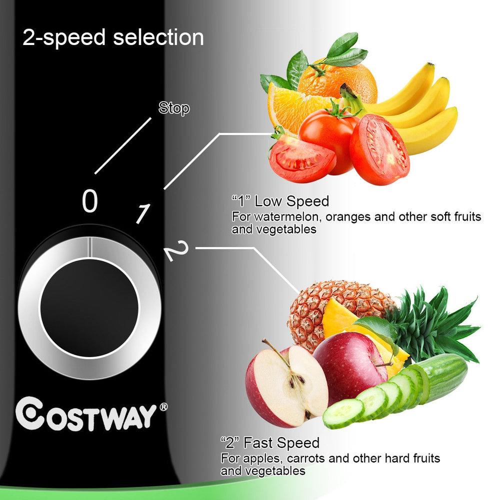 Wide mouth centrifugal juicer with 2-speed selection for soft and hard fruits, ideal for quick and easy juicing.