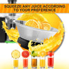 Wide mouth stainless steel juicer with two speeds, ideal for extracting juice from whole fruits and vegetables.