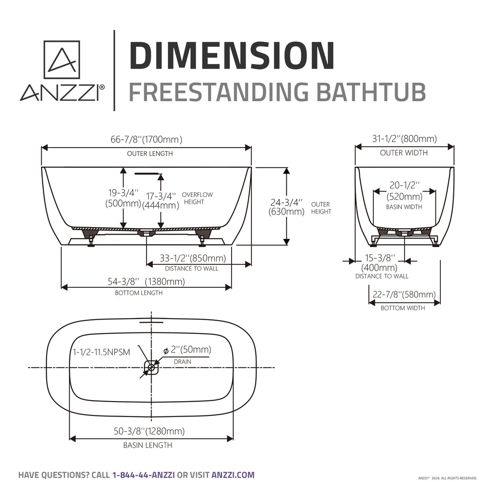 Anzzi Deep Soaking Bathtub 67 x 32 in. Rectangle Freestanding Stone Resin New