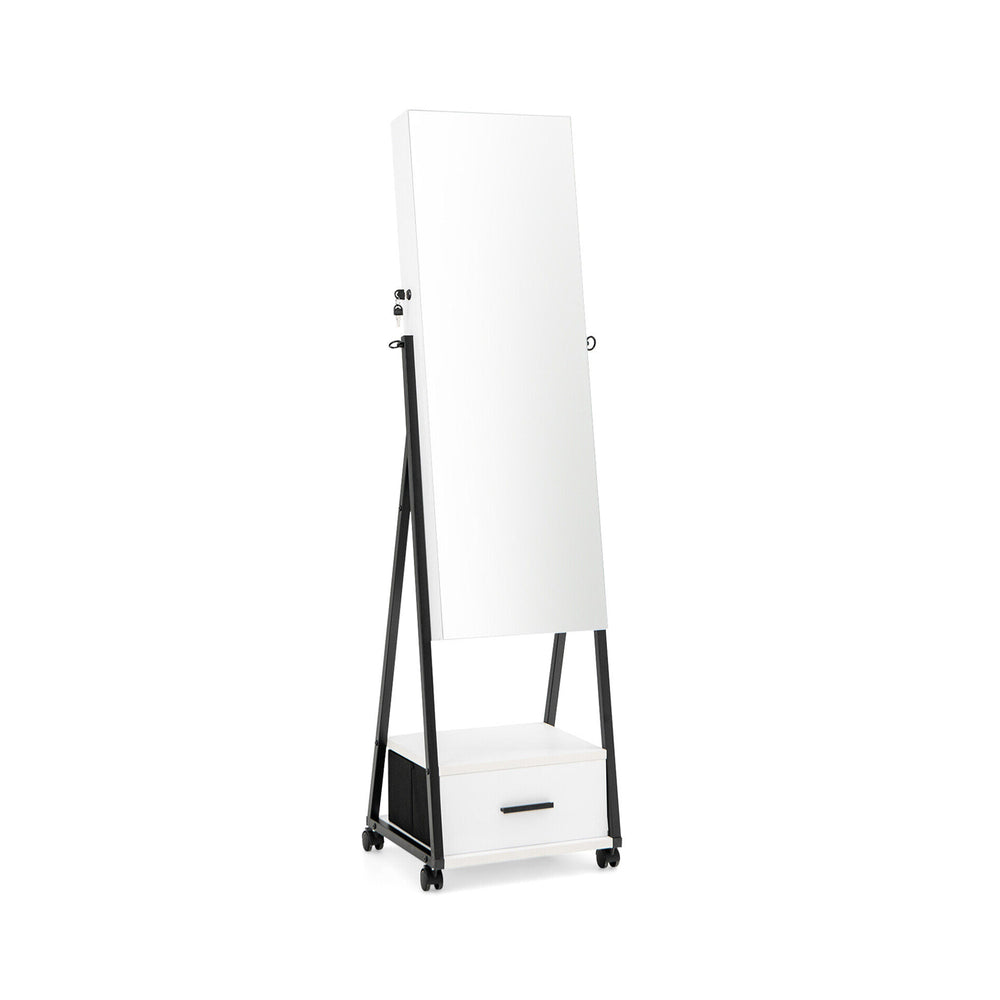 Jewelry cabinet with full-length mirror, white MDF, large storage drawer, and lockable wheels for easy mobility.