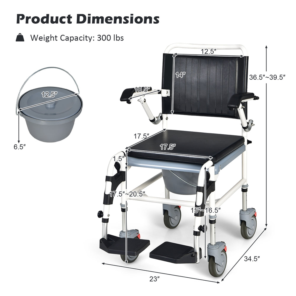 Product dimensions of 4-in-1 bedside commode wheelchair with adjustable height and removable bucket for versatile use.