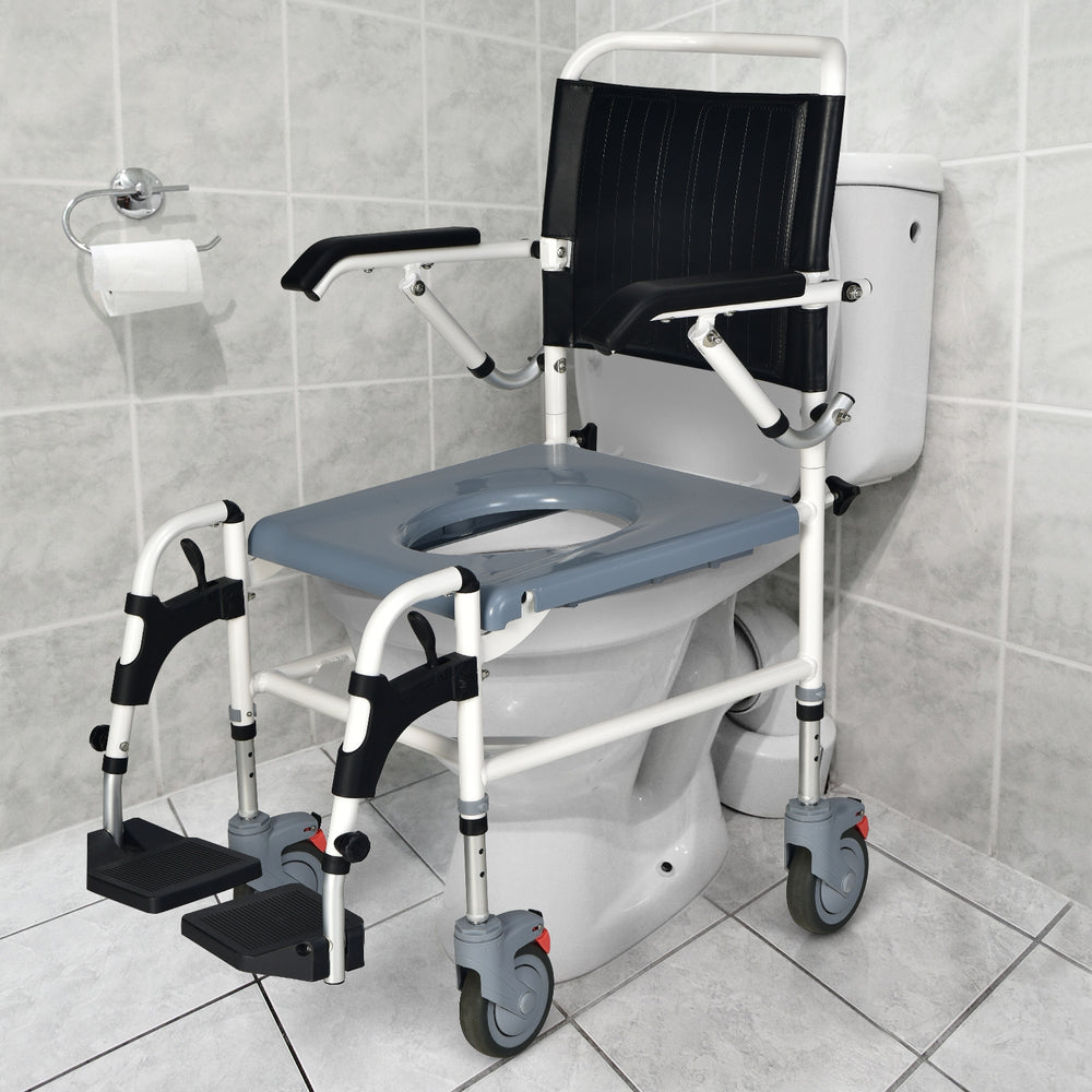 4-in-1 bedside commode wheelchair with detachable bucket, adjustable height, and waterproof PVC surface for comfort and.