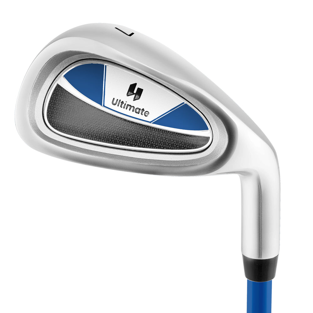 Junior #7 iron for kids featuring a blue fiberglass shaft, aluminum alloy head, and included headcover for protection.