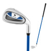 Junior #7 iron golf club in blue with fiberglass shaft, designed for kids aged 8-14, includes headcover for protection.