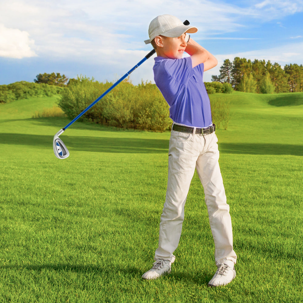 Junior #7 iron for kids with fiberglass shaft, featuring a blue headcover, ideal for ages 8-14, enhancing golf skills.
