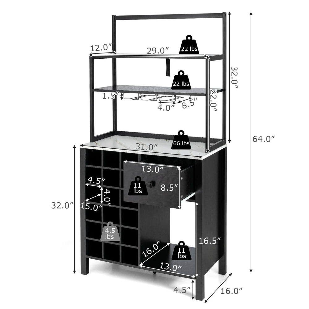 Freestanding black kitchen baker's rack with 3-tier shelves, wine glass holder, drawer, and wine bottle storage.