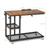 Adjustable C-shaped bedside table in rustic brown with lockable wheels and 2-tier wire shelf for versatile use.