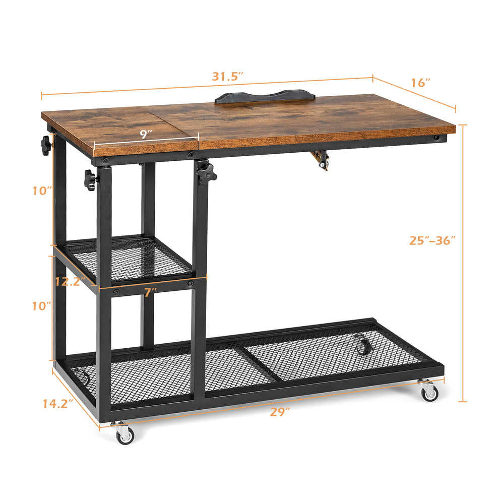 Adjustable C-shaped bedside table in rustic brown with lockable wheels and 2-tier wire shelf for versatile use.
