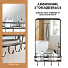 Wall bathroom mirror with open storage shelf and 4 hooks, featuring a sturdy metal frame for versatile home use.