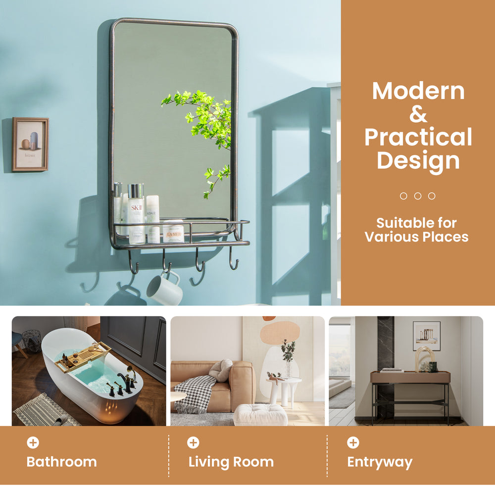 Wall bathroom mirror with shelf and hooks, sturdy metal frame, 33"x19", ideal for living room, entryway, or bedroom use.
