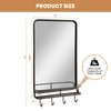 Wall bathroom mirror with sturdy metal frame, open shelf, and 4 hooks for convenient storage in black and gold finish.