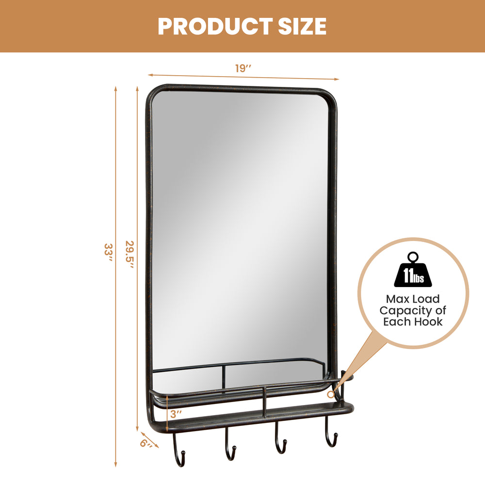 Wall bathroom mirror with sturdy metal frame, open shelf, and 4 hooks for convenient storage in black and gold finish.