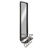 Wall-mounted bathroom mirror with shelf and hooks, sturdy metal frame, shatterproof glass, ideal for versatile home use.