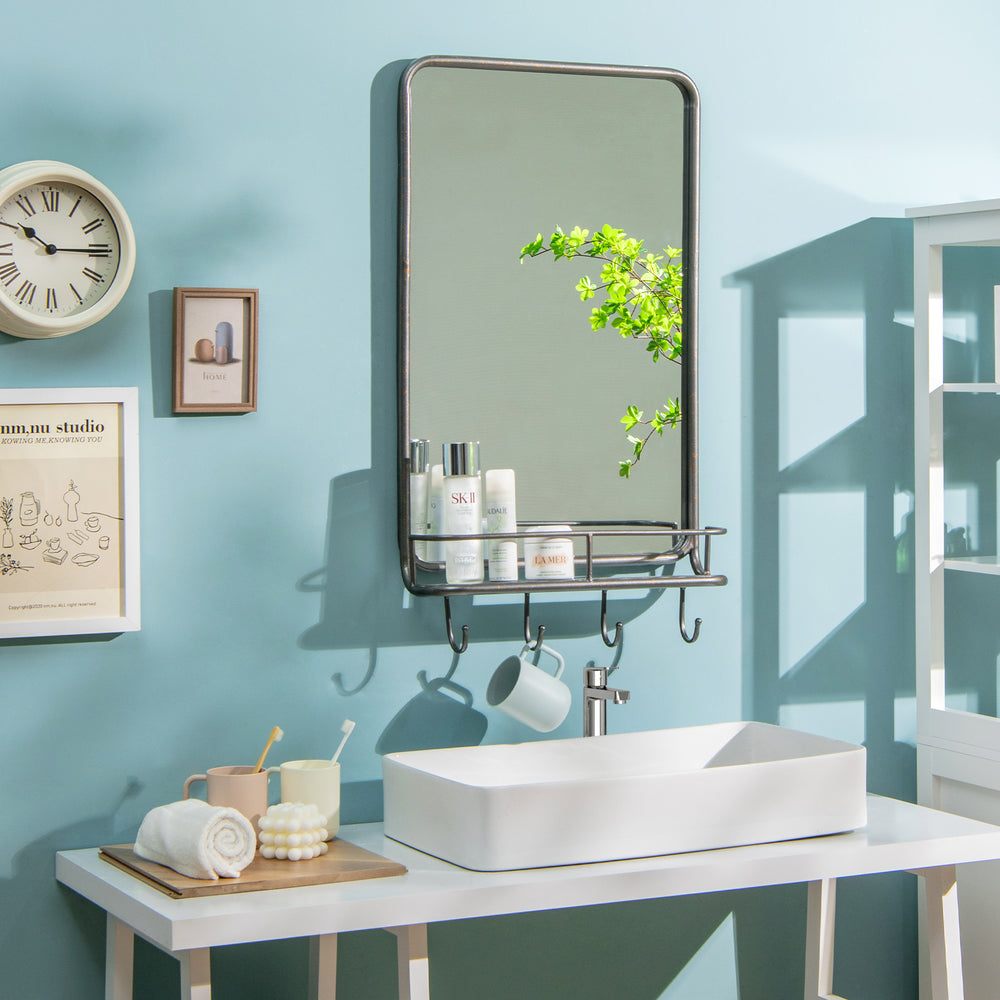 Wall bathroom mirror with shelf and hooks, sturdy metal frame, 33"x19", ideal for stylish storage in any room.