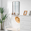 Wall bathroom mirror with shelf and hooks, sturdy metal frame, 33" x 19", ideal for bedroom or living room storage.