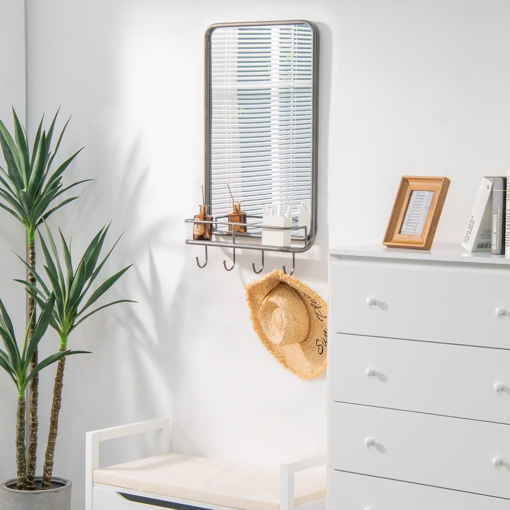 Wall bathroom mirror with shelf and hooks, sturdy metal frame, 33" x 19", ideal for bedroom or living room storage.