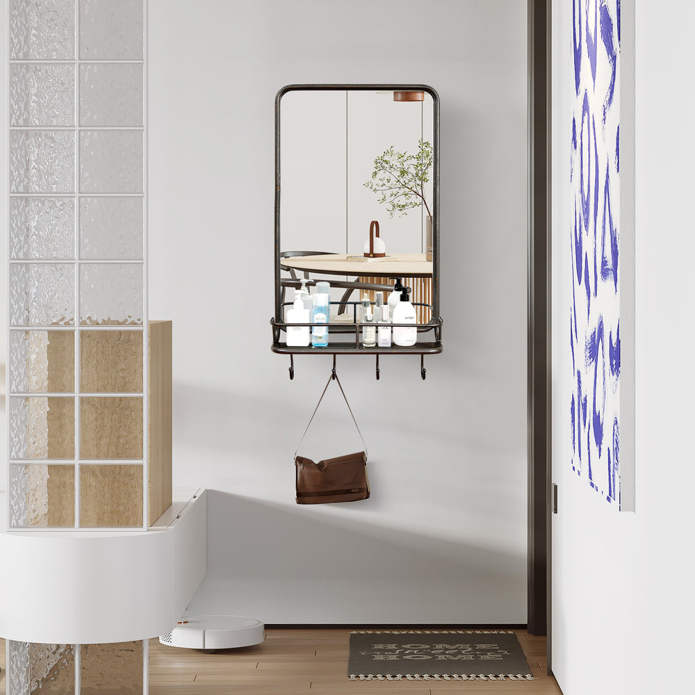Wall-mounted bathroom mirror with shelf and hooks, sturdy metal frame, perfect for storage in any living space.