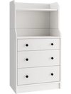 Modern white storage dresser with three drawers and open shelves, featuring an anti-toppling device for added stability.