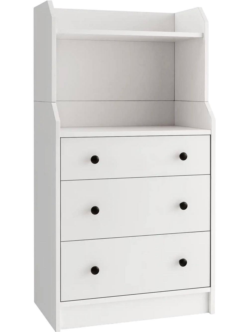 Modern white storage dresser with three drawers and open shelves, featuring an anti-toppling device for added stability.