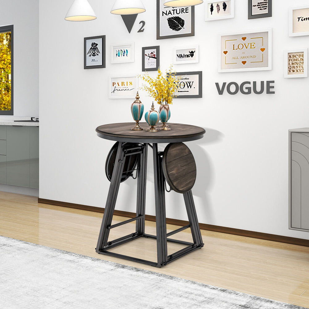 Round dining table set with two foldable stools in gray, made of MDF and steel, ideal for small spaces.