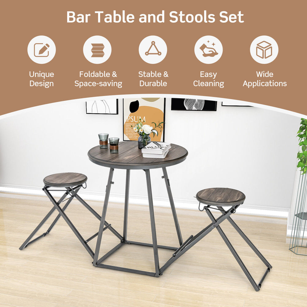Round bar table with two foldable stools in gray, made of MDF and steel, perfect for small spaces and easy storage.