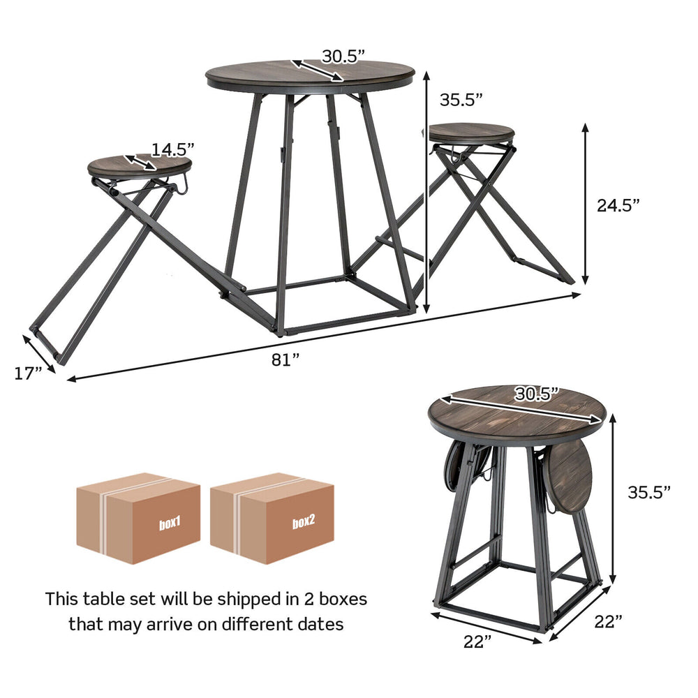 3-piece gray dining table set with foldable stools, made of MDF and steel, perfect for small spaces and easy storage.