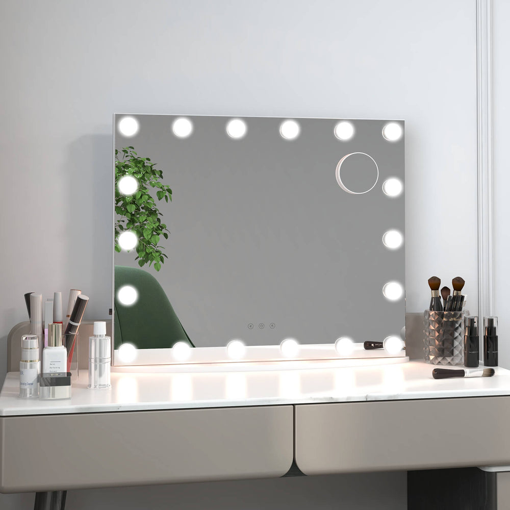 Vanity mirror with 18 dimmable LED bulbs, featuring 3 color lighting modes and a detachable base for versatile use.